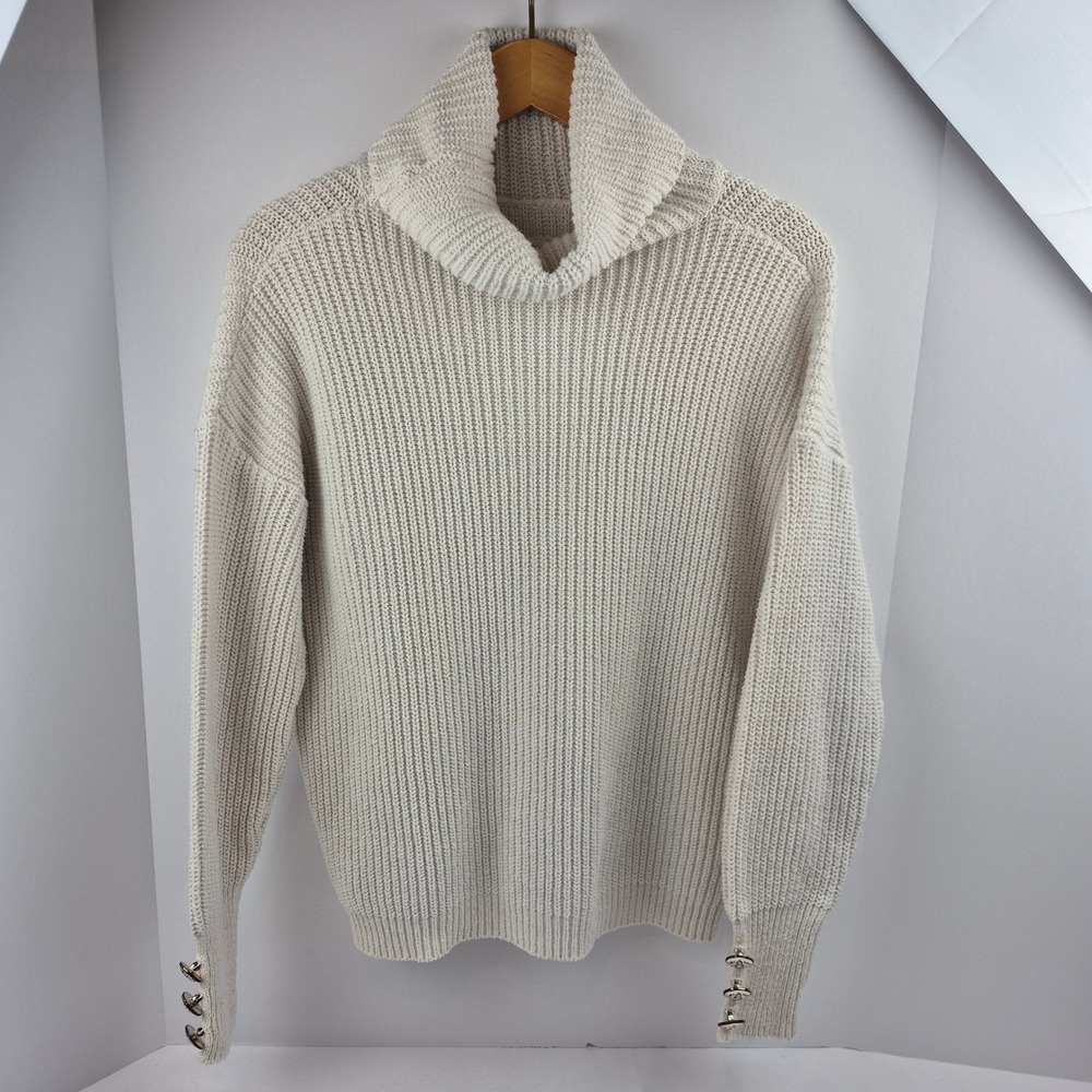 Cream Chunky Knit Turtleneck Sweater‎ Silver Button Cuff Women's XL Cozy Classic